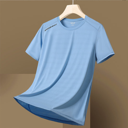 Camiseta de manga corta de secado rápido, fina, transpirable, de cuello redondo, que absorbe la humedad, de seda de hielo de alta elasticidad para mujer y hombre