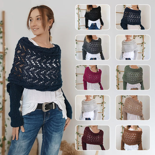 Chal de punto cálido para otoño e invierno, cuello chal de manga doble ahuecado para mujer, moda natural para el hogar y la fiesta