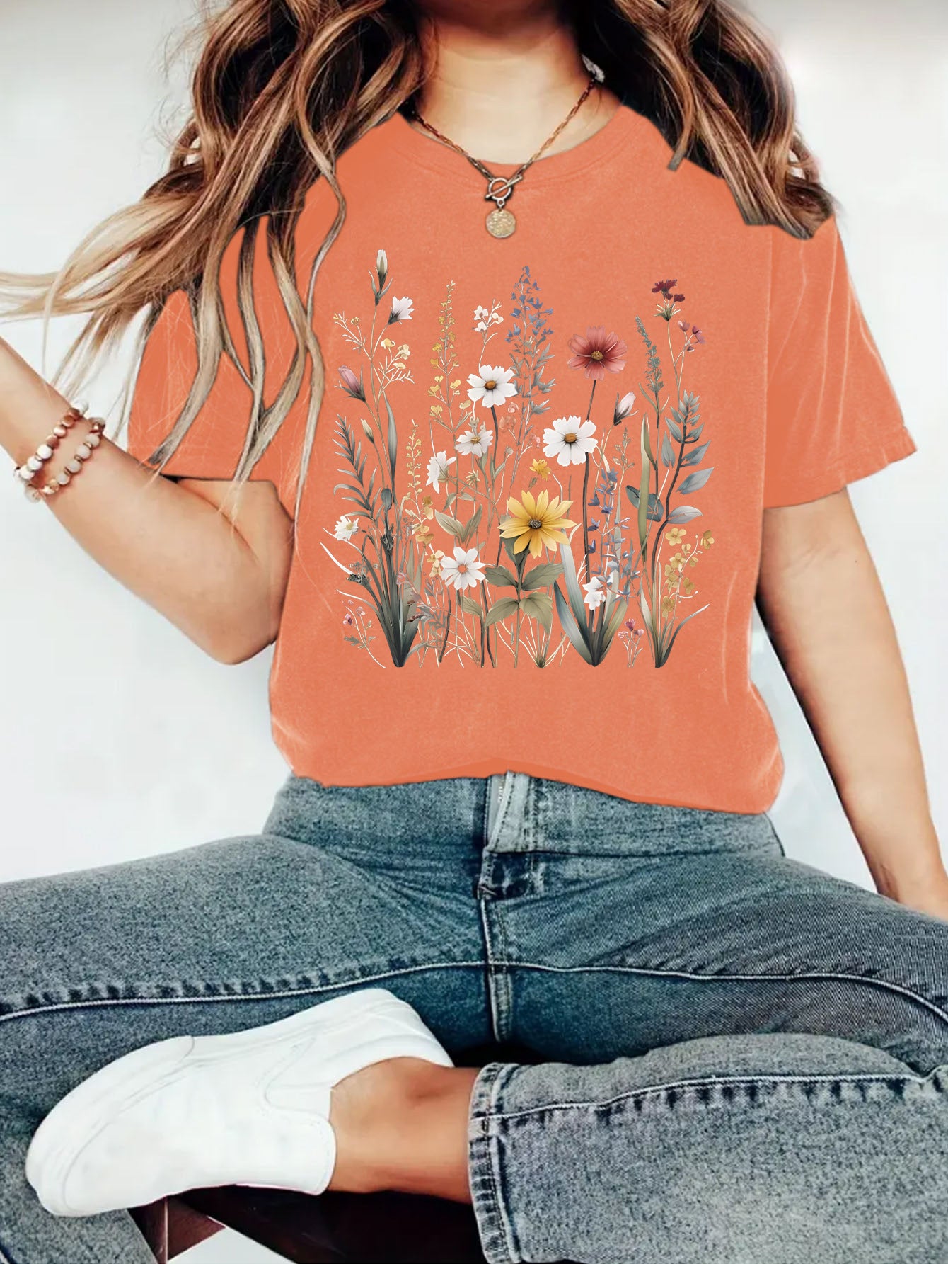 Camiseta de manga corta con estampado de flores y plantas para mujer, estilo europeo y americano, para verano