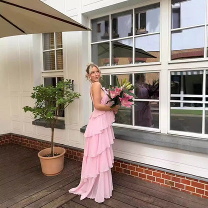 Vestido sin mangas con volantes y flores estilo halter