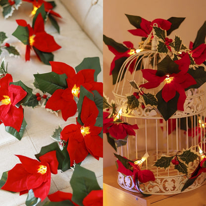 Luces navideñas LED de primer grado con flores rojas y frutos rojos para la decoración del hogar