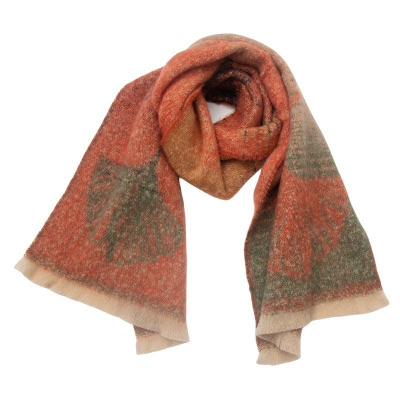 European And American Short Beard Jacquard Ginkgo Leaf Scarf Shawl