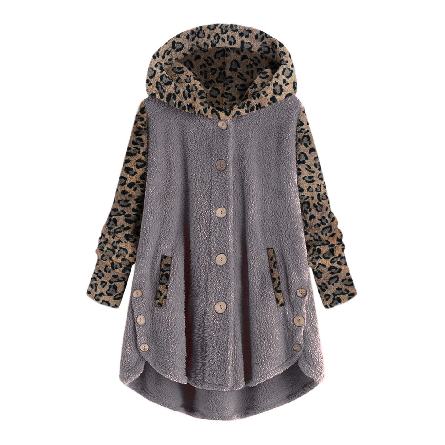 Abrigo de felpa con capucha y manga larga con botones y estampado de leopardo para mujer de otoño e invierno