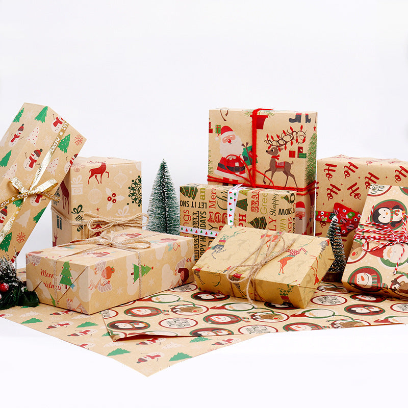 Caja de regalo creativa de papel Kraft, papel decorativo, papel de regalo de Papá Noel, muñeco de nieve y copos de nieve