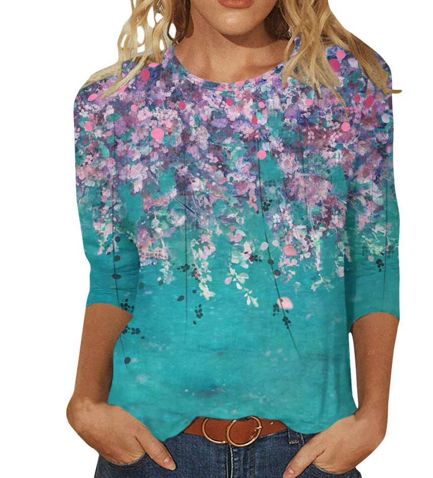 Camiseta informal con cuello redondo y estampado para mujer