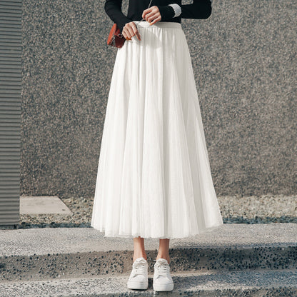 Vestido largo de mujer con falda plisada de malla y largo medio