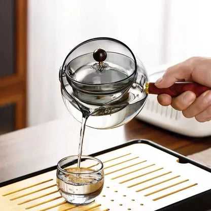 Tetera de vidrio resistente al calor, giratoria y semiautomática, para preparar té con infusor y mango de madera, accesorios para el hogar, oficina y cocina