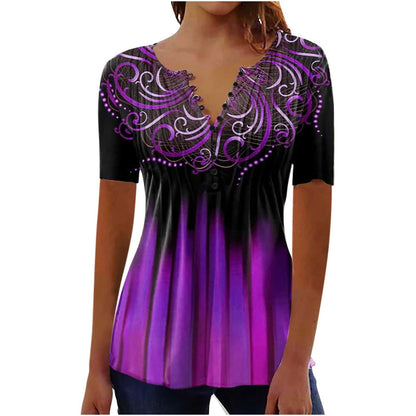 Camiseta de cuello redondo plisada con estampado digital 3D para mujer