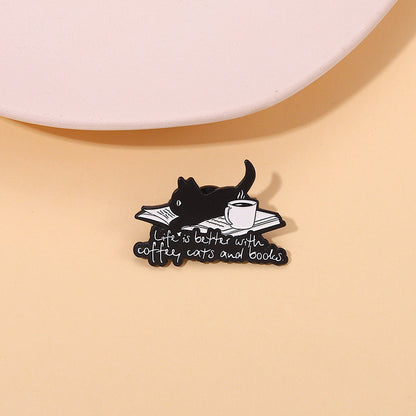 Little Black Cat Brooch Coffee Crawling On The Book