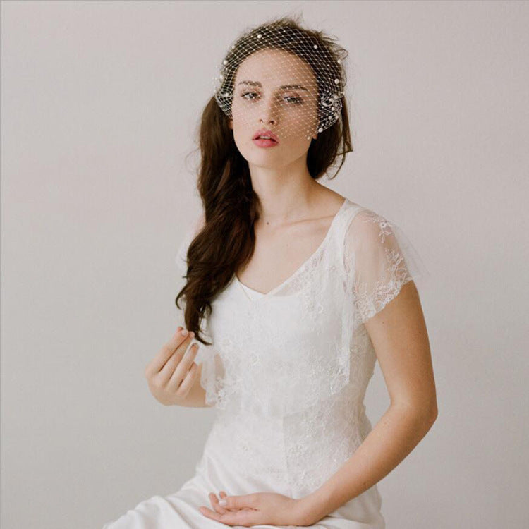 Velo de novia con perlas y agujeros grandes, peineta de malla, velo corto, accesorios para el cabello de boda