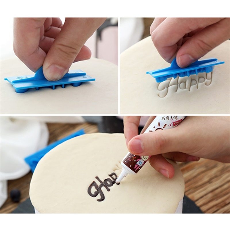 Handwritten birthday cake with writing stamper, lettering and baking printing