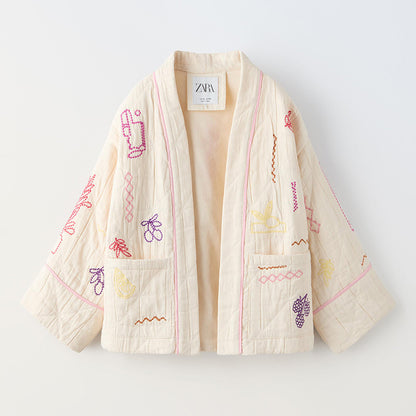 Chaqueta tipo kimono informal con escote en V y bordado de frutas que combina con todo