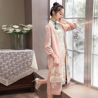 Vestido cheongsam de largo medio para mujer con gamuza y aodai