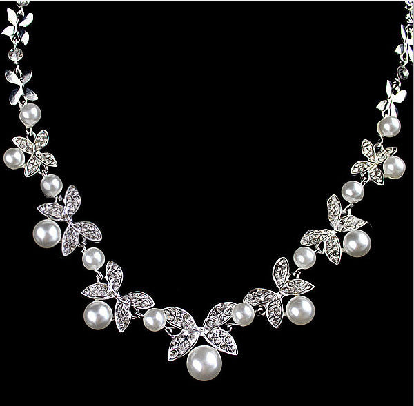 B0879 bride wedding jewelry accessories wholesale fashion diamond pearl necklace earrings set leaves the atmosphere