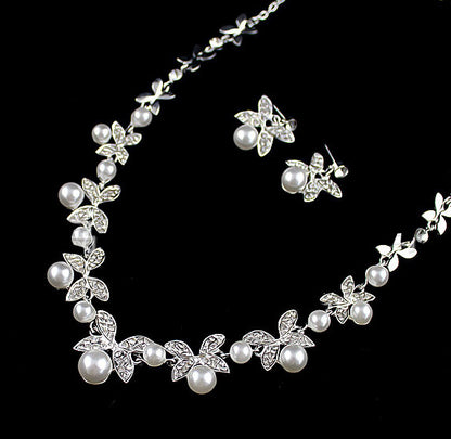 B0879 bride wedding jewelry accessories wholesale fashion diamond pearl necklace earrings set leaves the atmosphere