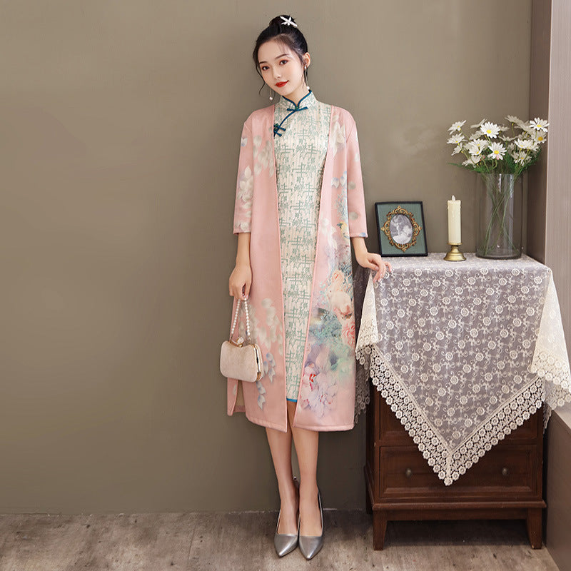 Vestido cheongsam de largo medio para mujer con gamuza y aodai