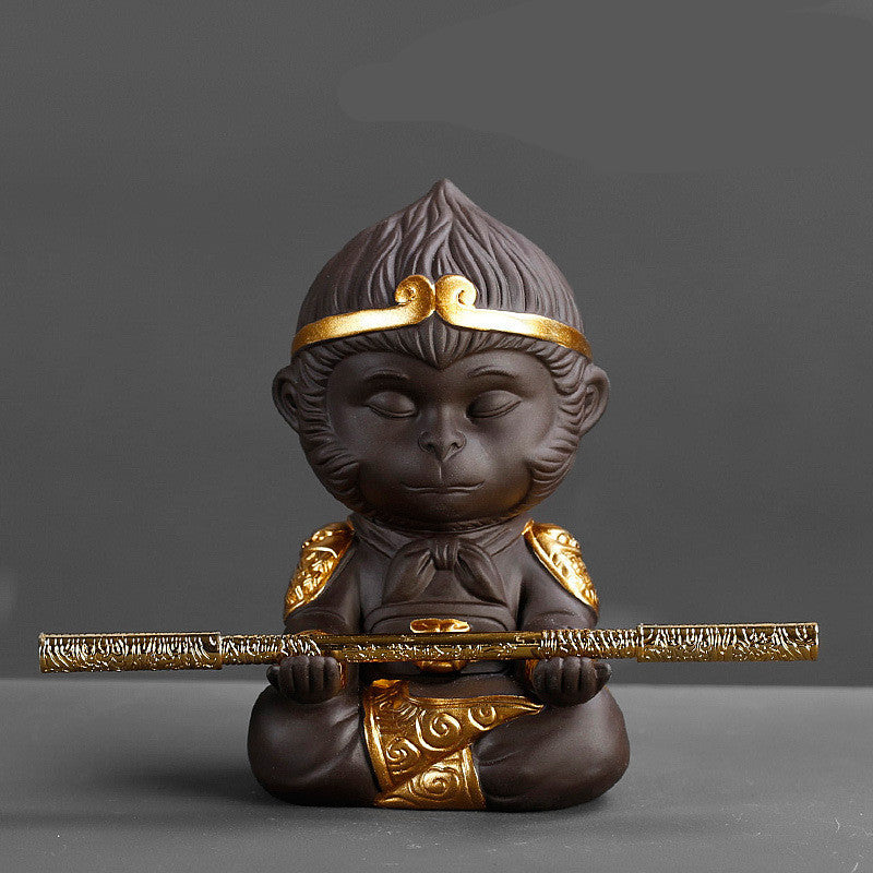 Chinese Purple Clay Kung Fu Tea Set Tea Pet Monkey King for Home Tea Tray Decoration Tea Tray Sun Wukong Statues Sculptures