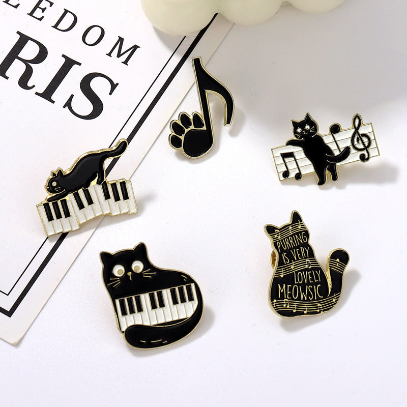 Cute Black Cat Piano Notes Alloy Brooch