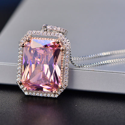 Children's Necklace Pink 3a Zircon Large Square Geometric Diamond Pendant Short Necklace