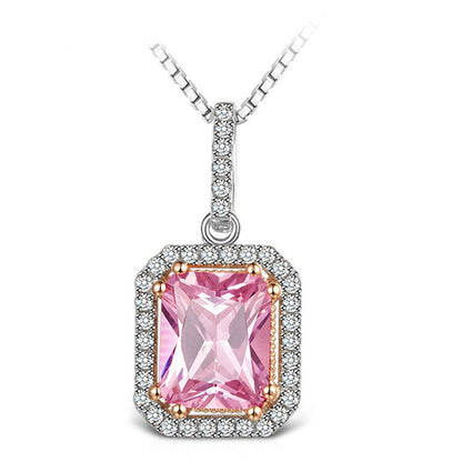 Children's Necklace Pink 3a Zircon Large Square Geometric Diamond Pendant Short Necklace