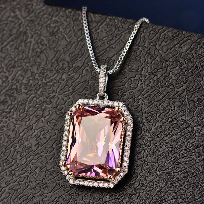 Children's Necklace Pink 3a Zircon Large Square Geometric Diamond Pendant Short Necklace