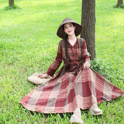 Vestido de algodón y lino de talla grande de moda de longitud media, falda larga suelta y fina