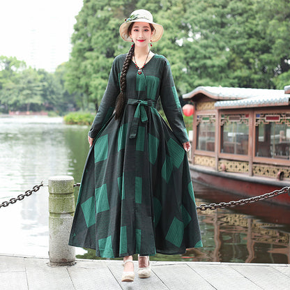 Vestido de algodón y lino de talla grande de moda de longitud media, falda larga suelta y fina