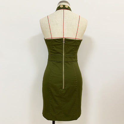 Vestido de mujer de algodón verde con escote halter, espalda descubierta y botones de león