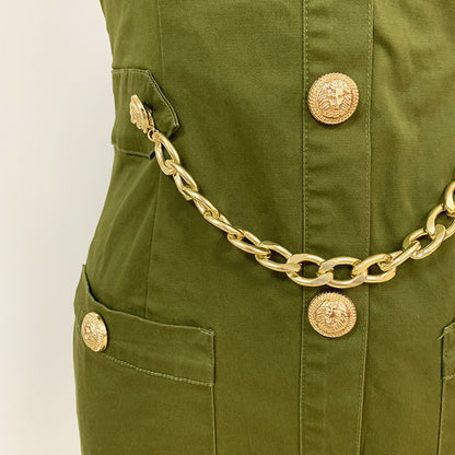 Vestido de mujer de algodón verde con escote halter, espalda descubierta y botones de león