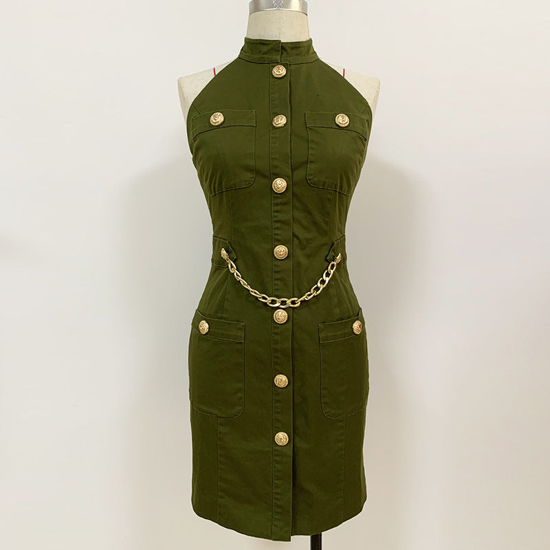 Vestido de mujer de algodón verde con escote halter, espalda descubierta y botones de león