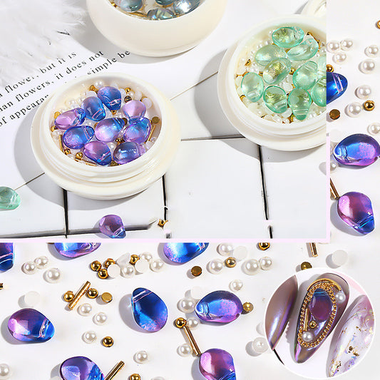 Joyas para uñas con remaches de bolas de acero y perlas de cristal mixtas, joyas con piedras de concha mixtas