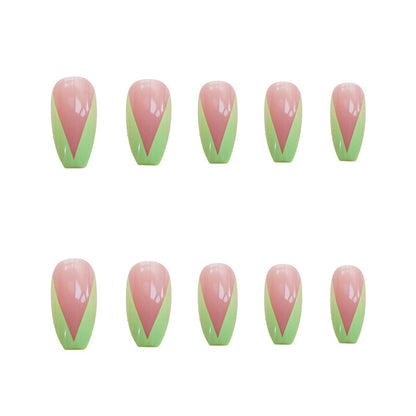 PD-57 Ballet Green French Net Red Pegatina para uñas postizas Parche para uñas que se puede quitar y usar para mujeres