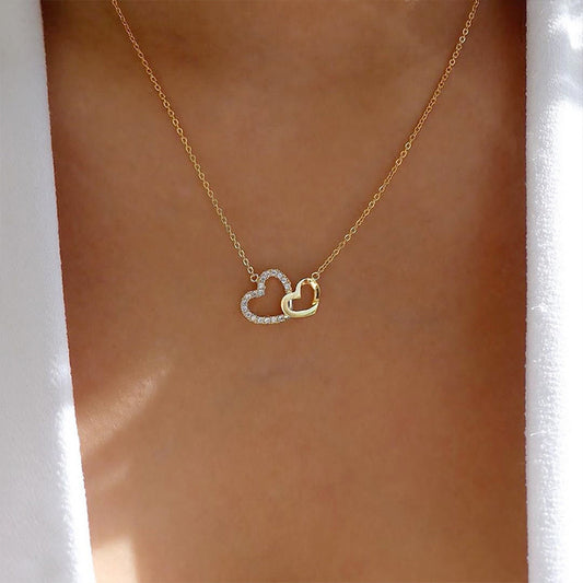 Collar de amor con temperamento y colgante de corazón de melocotón doble, cadena para clavícula