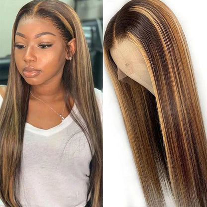 Peluca de mujer de fibra química con cobertura de cabello de color piano con reflejos marrones, cabello largo y liso con degradado