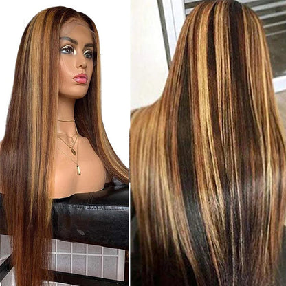 Peluca de mujer de fibra química con cobertura de cabello de color piano con reflejos marrones, cabello largo y liso con degradado