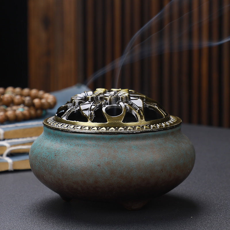 Copper Lid Ceramic Incense Burner Buddha with Antique Alloy Wire Incense Burner