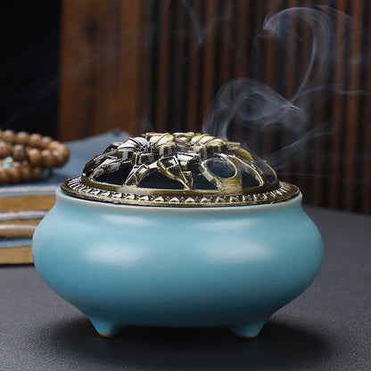 Copper Lid Ceramic Incense Burner Buddha with Antique Alloy Wire Incense Burner