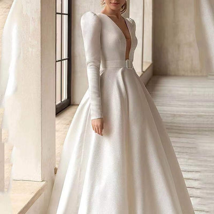 Vestido blanco estilo damas superficie satinada era fina y alta temperamento francés vestido falda larga