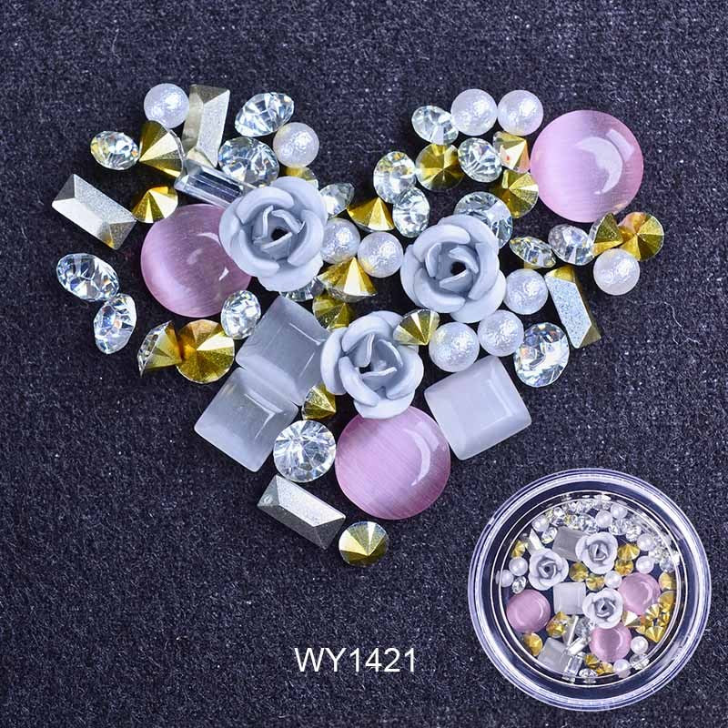 Nail Art Metal Flower Cat's Eye Jade Shaped Pointed Rhinestone Nail Art Pearl Jewelry