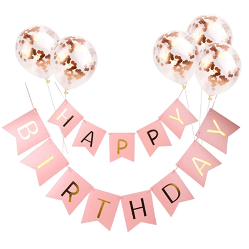 Banner de letras de feliz cumpleaños con globos multicolores de oro rosa