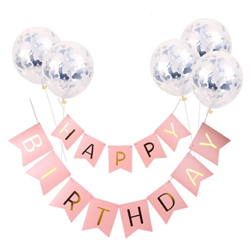 Banner de letras de feliz cumpleaños con globos multicolores de oro rosa