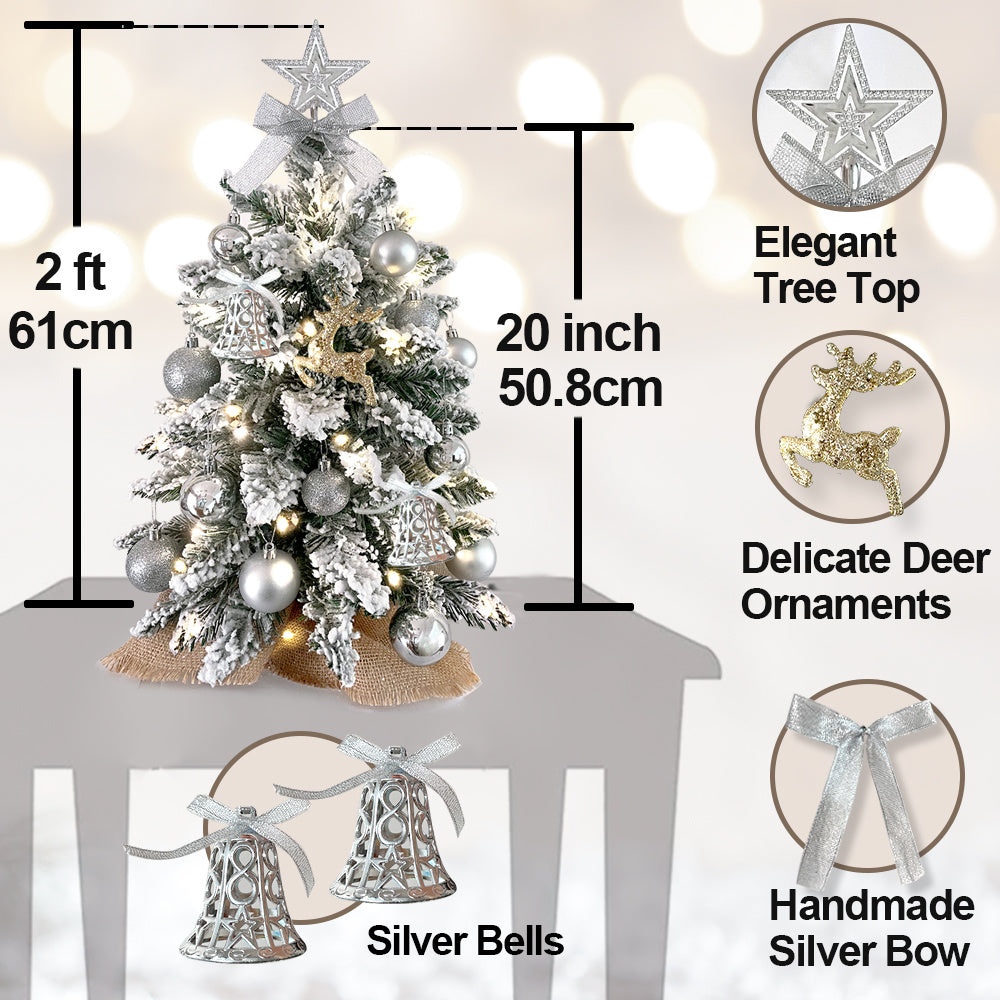 Mini árbol de Navidad de 2 pies con luz artificial, decoración navideña pequeña para mesa con nieve flocada, decoración exquisita y adornos navideños para mesa para el hogar y la oficina