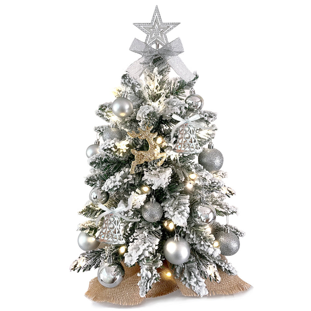 Mini árbol de Navidad de 2 pies con luz artificial, decoración navideña pequeña para mesa con nieve flocada, decoración exquisita y adornos navideños para mesa para el hogar y la oficina