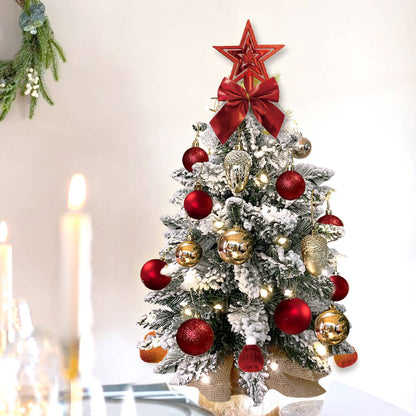 Mini árbol de Navidad de 2 pies con luz artificial, decoración navideña pequeña para mesa con nieve flocada, decoración exquisita y adornos navideños para mesa para el hogar y la oficina