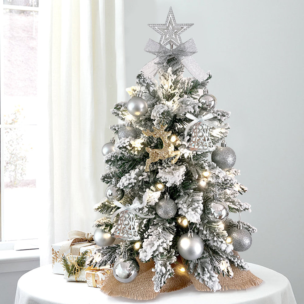 Mini árbol de Navidad de 2 pies con luz artificial, decoración navideña pequeña para mesa con nieve flocada, decoración exquisita y adornos navideños para mesa para el hogar y la oficina