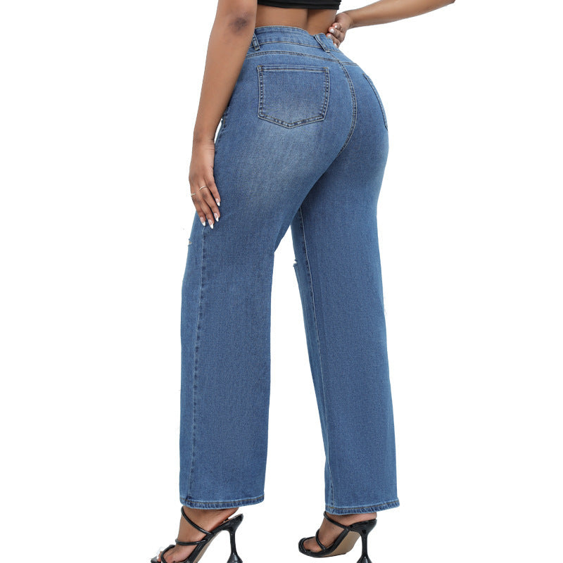 Elegantes jeans anchos rotos para mujer