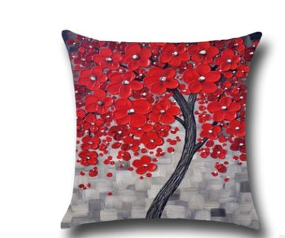 Three-dimensional Oil Painting Trees Flowers Cotton Cushion Cushion Pillowcase Car Waist Cushion Cover