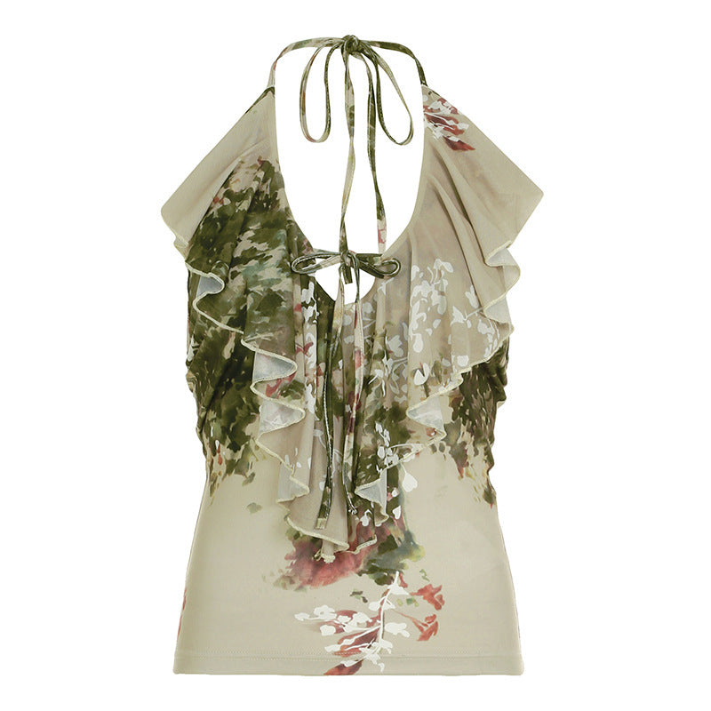 Chaleco con cuello halter y estampado de plantas estilo Mori