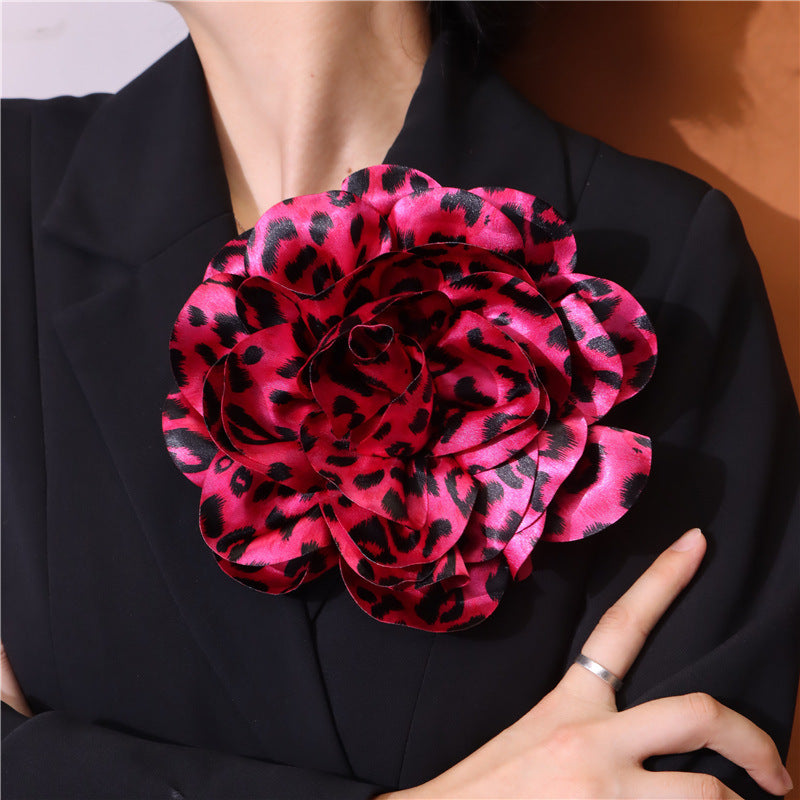 French Satin 19cm Fabric Exaggerated Leopard Large Flower Brooch