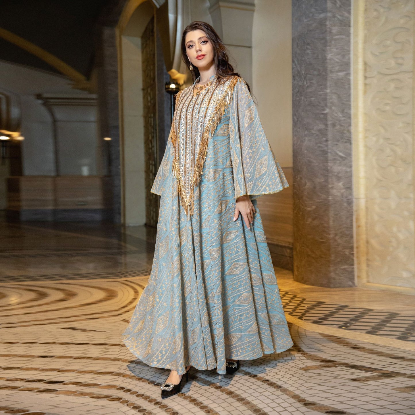 Vestido de noche de festival árabe de Dubái, túnica de malla bordada con lentejuelas, Oriente Medio